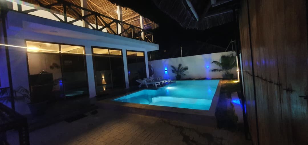 Villa and pool at night